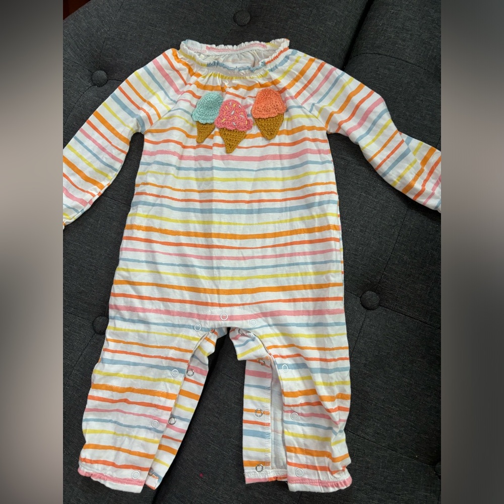 Never worn Mudpie multicolored stripped ,crochet icecream cone  onesie.